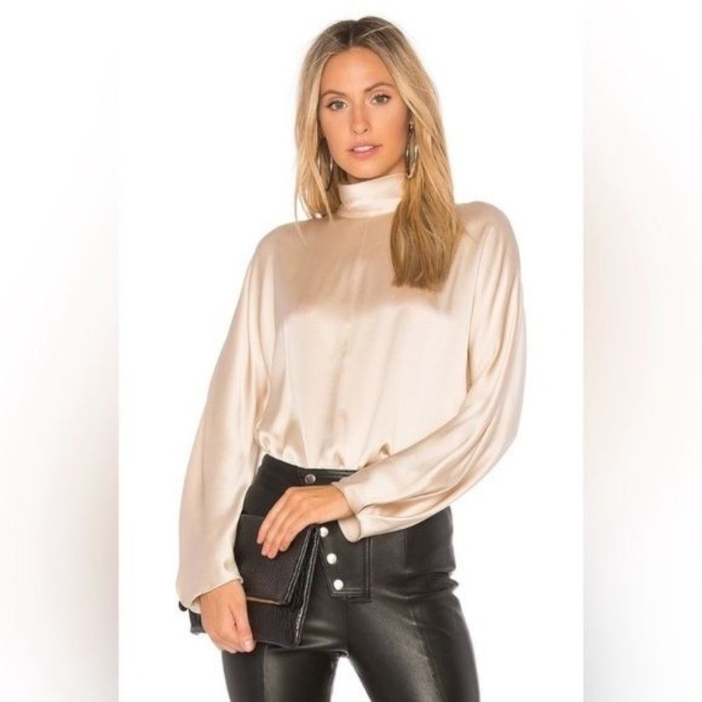 Vince Silk Neutral Modern Contemporary Mock Neck Career Relaxed Fit Blouse